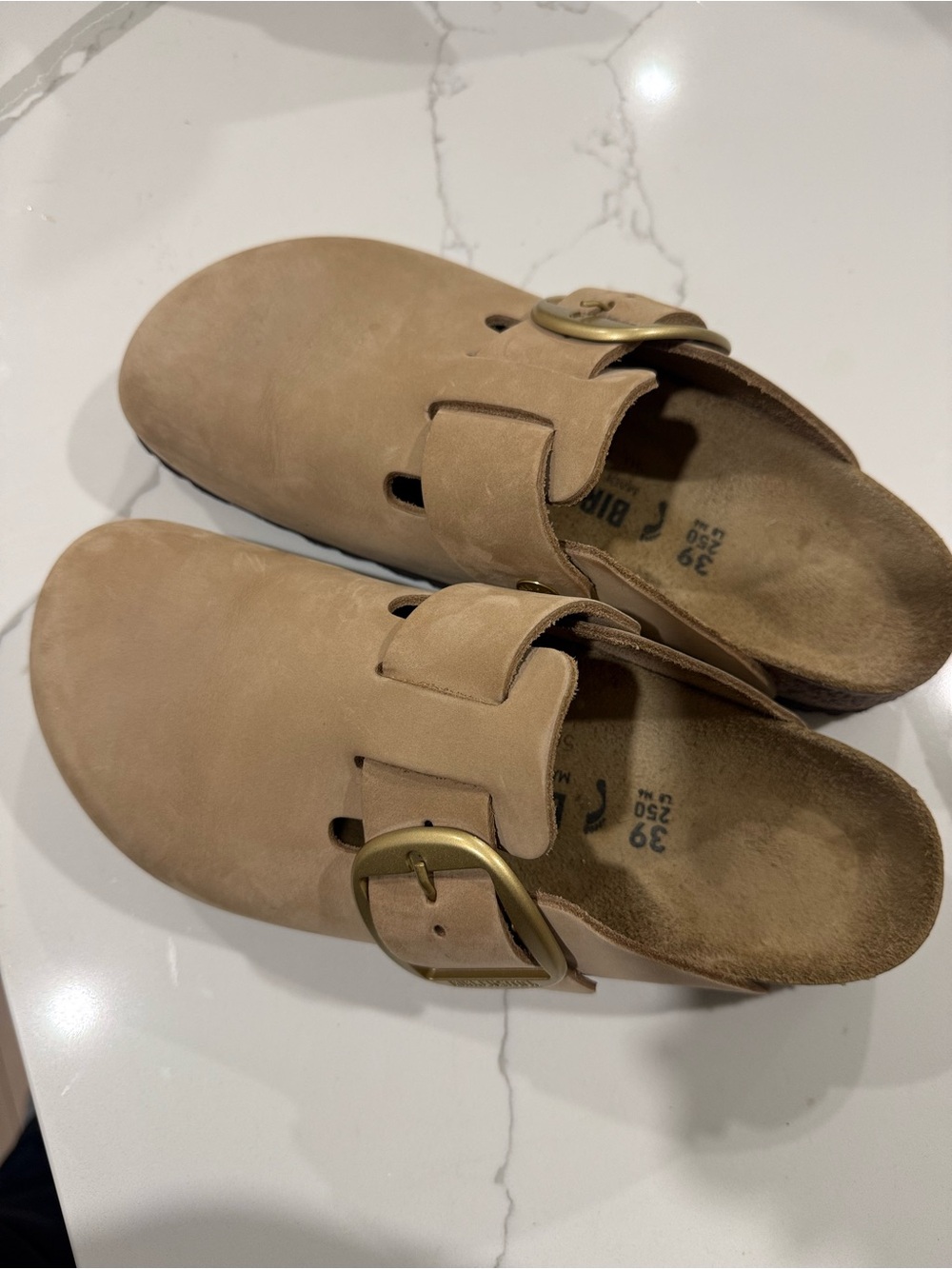 Birkenstock Tan Boston Slip-On Clogs with Brass Buckle